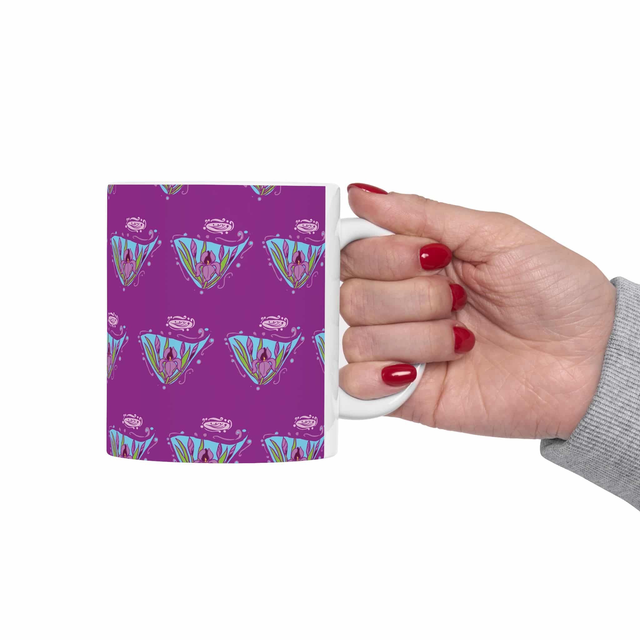 Purple Floral Art Nouveau Iris Pattern Ceramic Mug — Cute Botanical Tea & Coffee Cup (11oz, 15oz) - Image 3