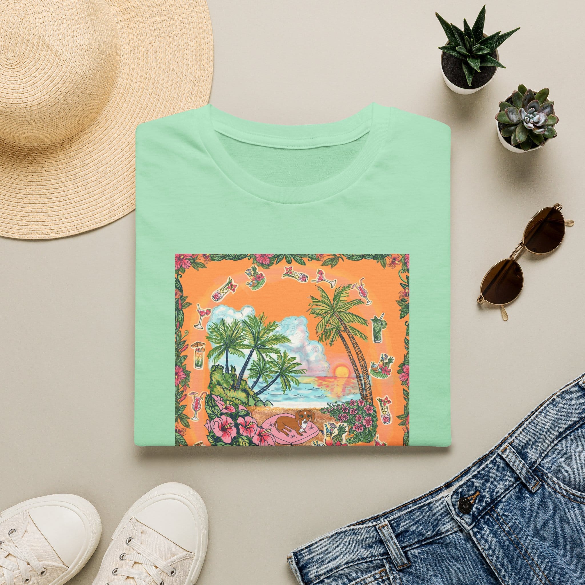 Girl Dachshund on a Tropical Sunset Beach T-Shirt — Vintage Beach Floral Graphic - Image 16