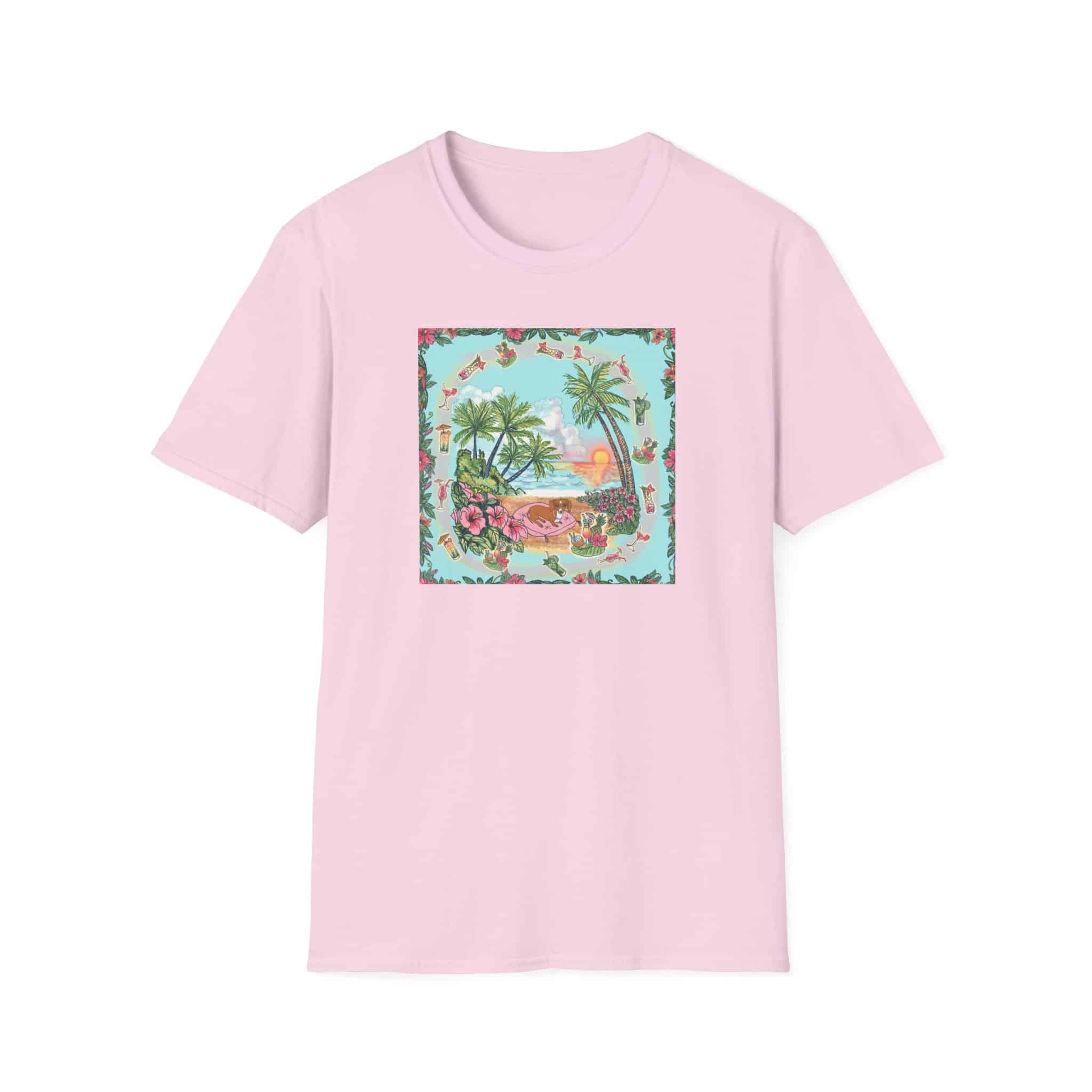 Dachshund on a Tropical Sunset Beach T-Shirt — Vintage Beach Floral Graphic - Image 6