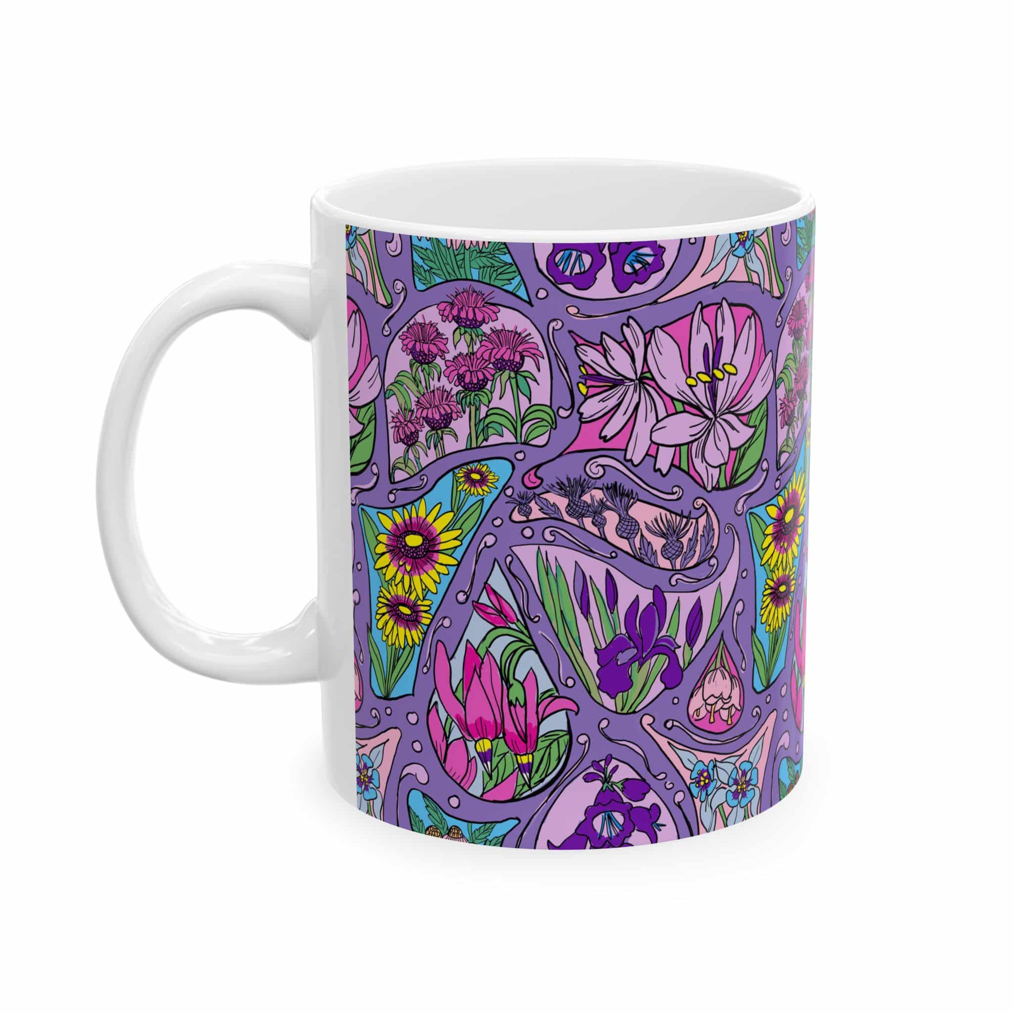 Floral Paisley Ceramic Mug - Purple Garden Pattern (11oz & 15oz)