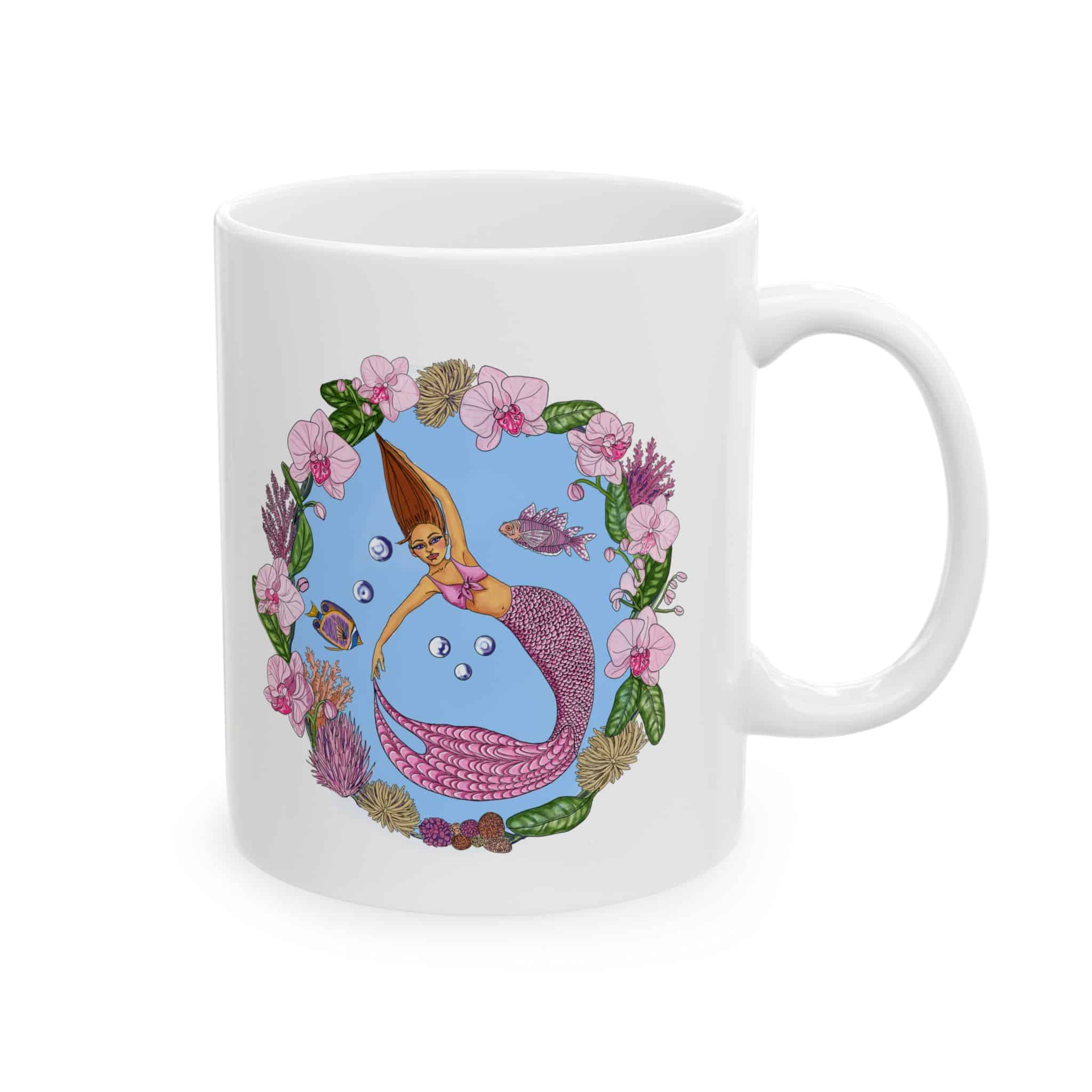 Floral Dancing Mermaid Ceramic Mug (11oz, 15oz) — Boho Floral Coffee Cup Gift - Image 2