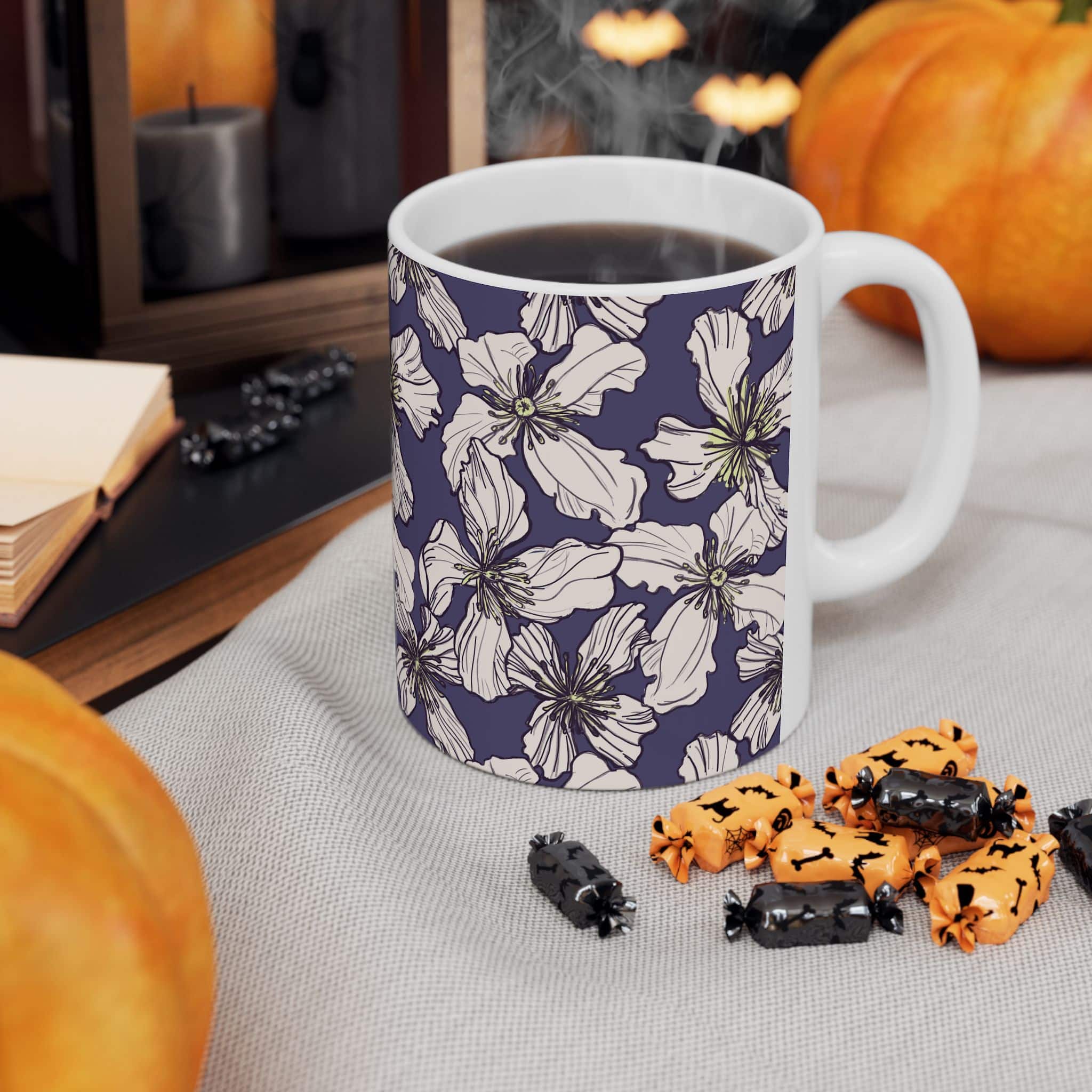 Floral Pattern Ceramic Mug — Hand-Drawn White Clematis Blossoms on Deep Navy (11oz & 15oz) - Image 4