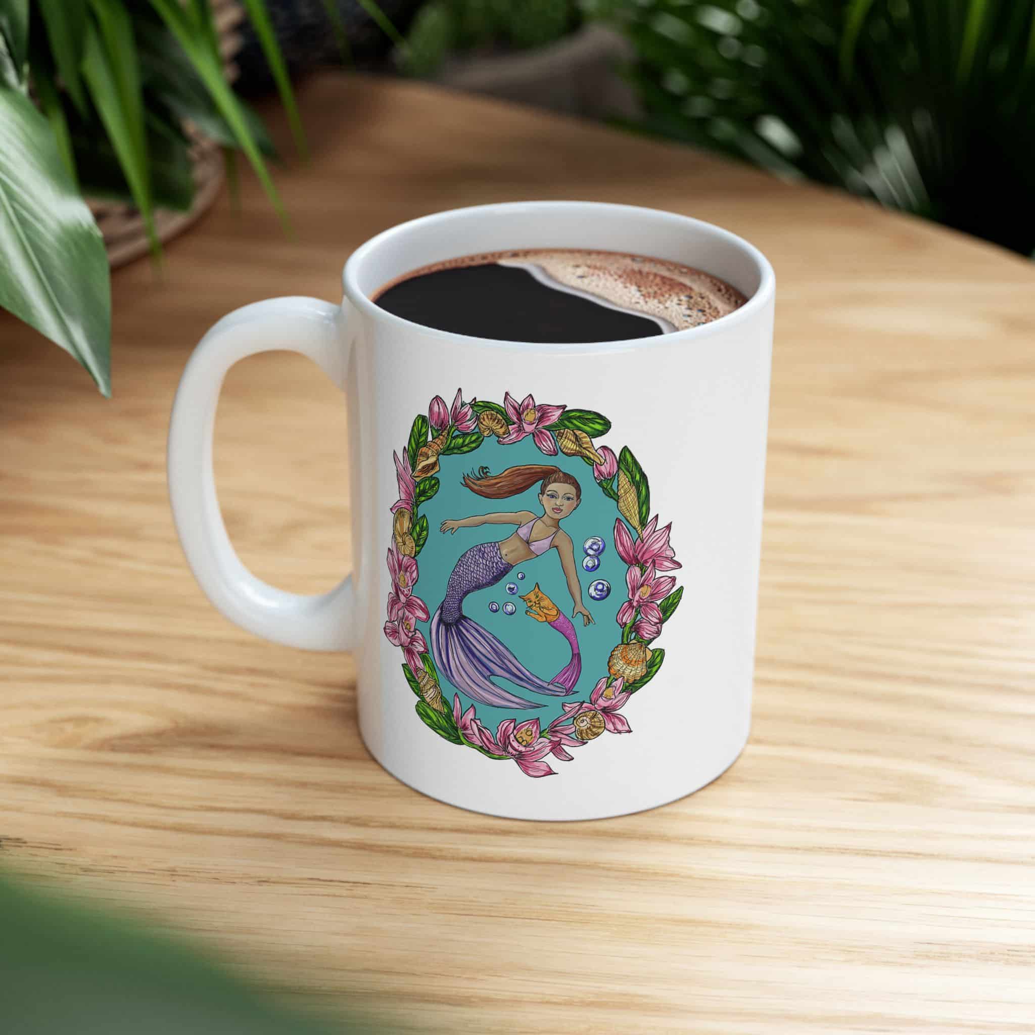 Floral Mermaid with Mercat Companion Ceramic Mug — Botanical Globe 11oz & 15oz - Image 5