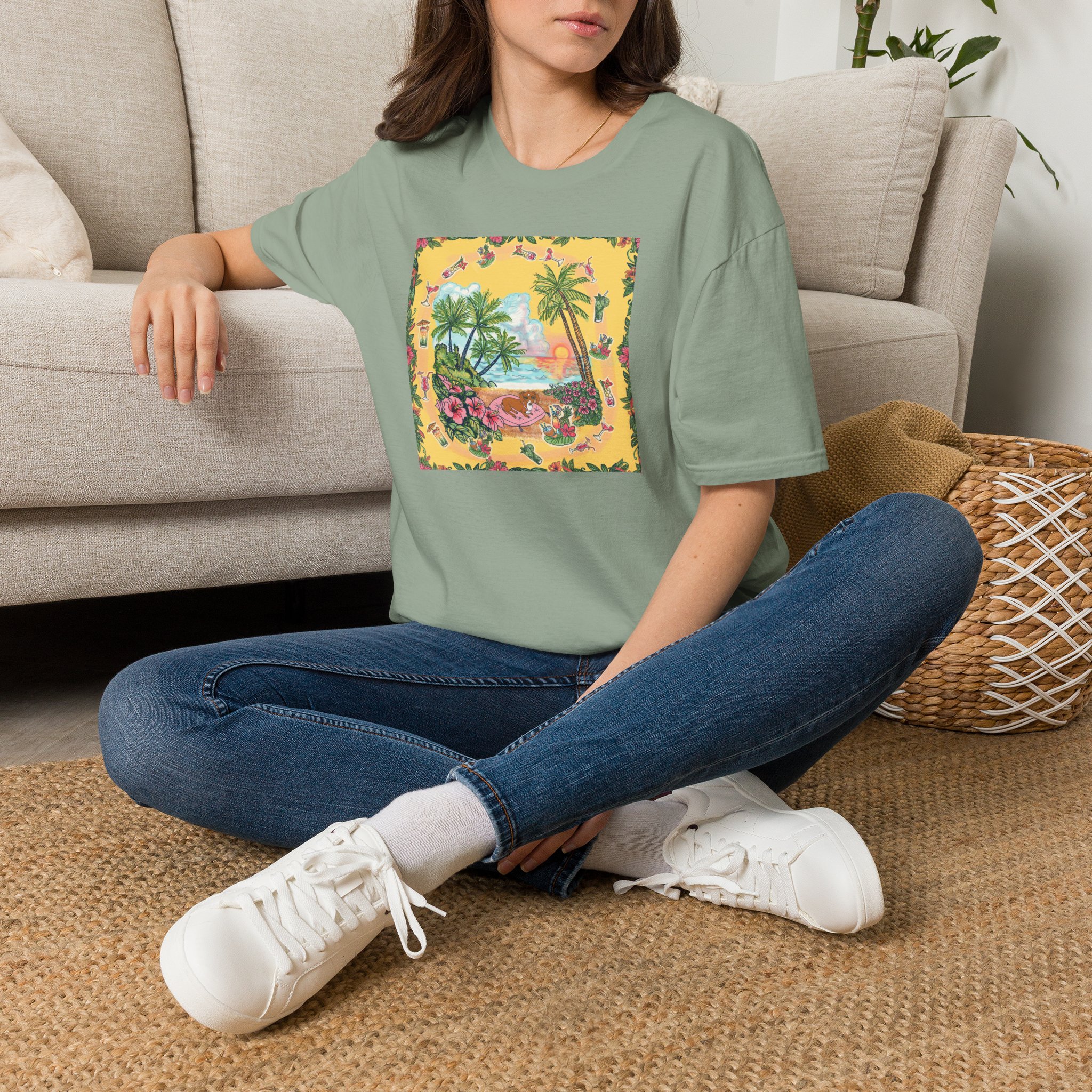 Girl Dachshund on a Tropical Sunset Beach T-Shirt — Vintage Beach Floral Graphic - Image 14
