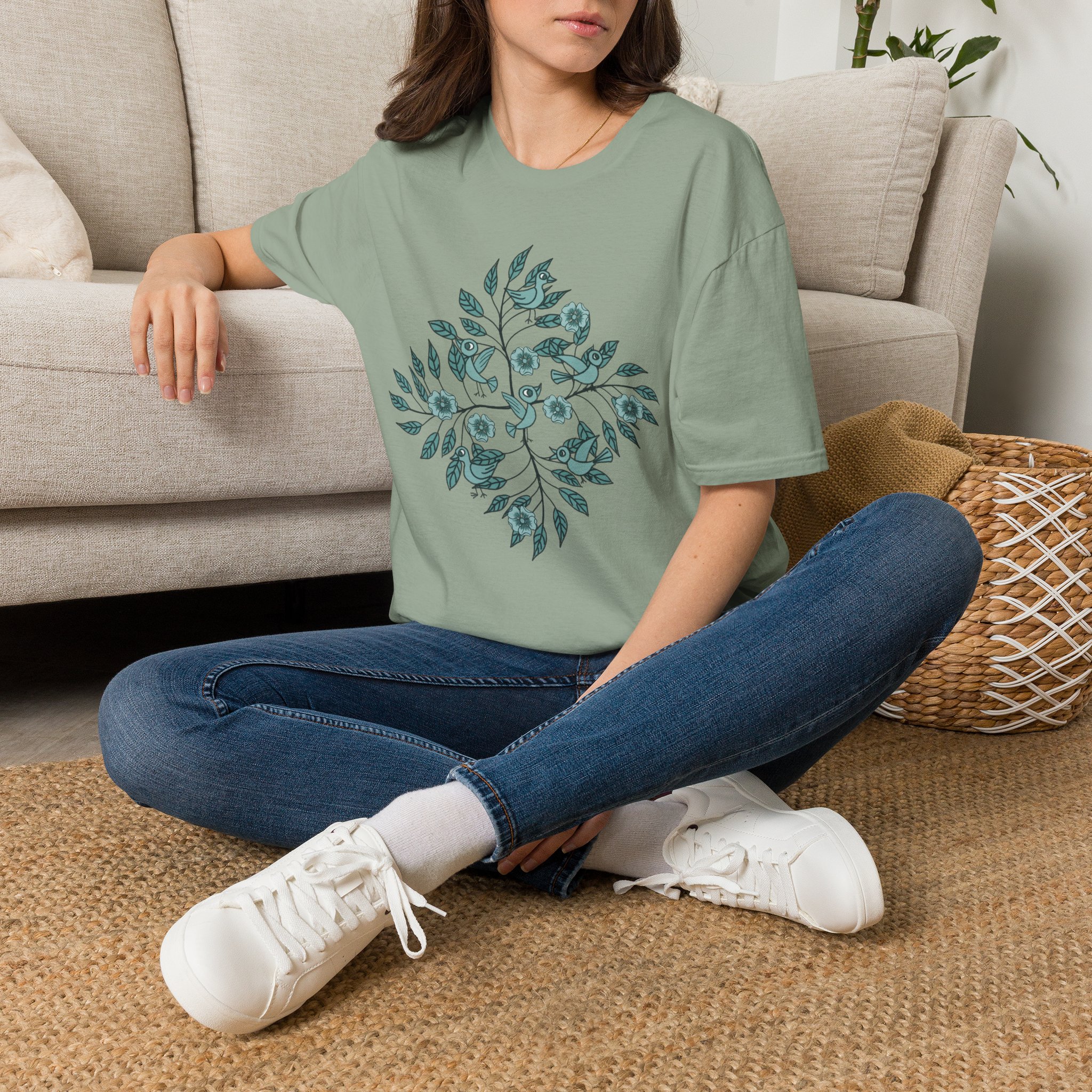 Botanical Bird Tee — Teal Floral Branch Graphic T-Shirt - Image 26