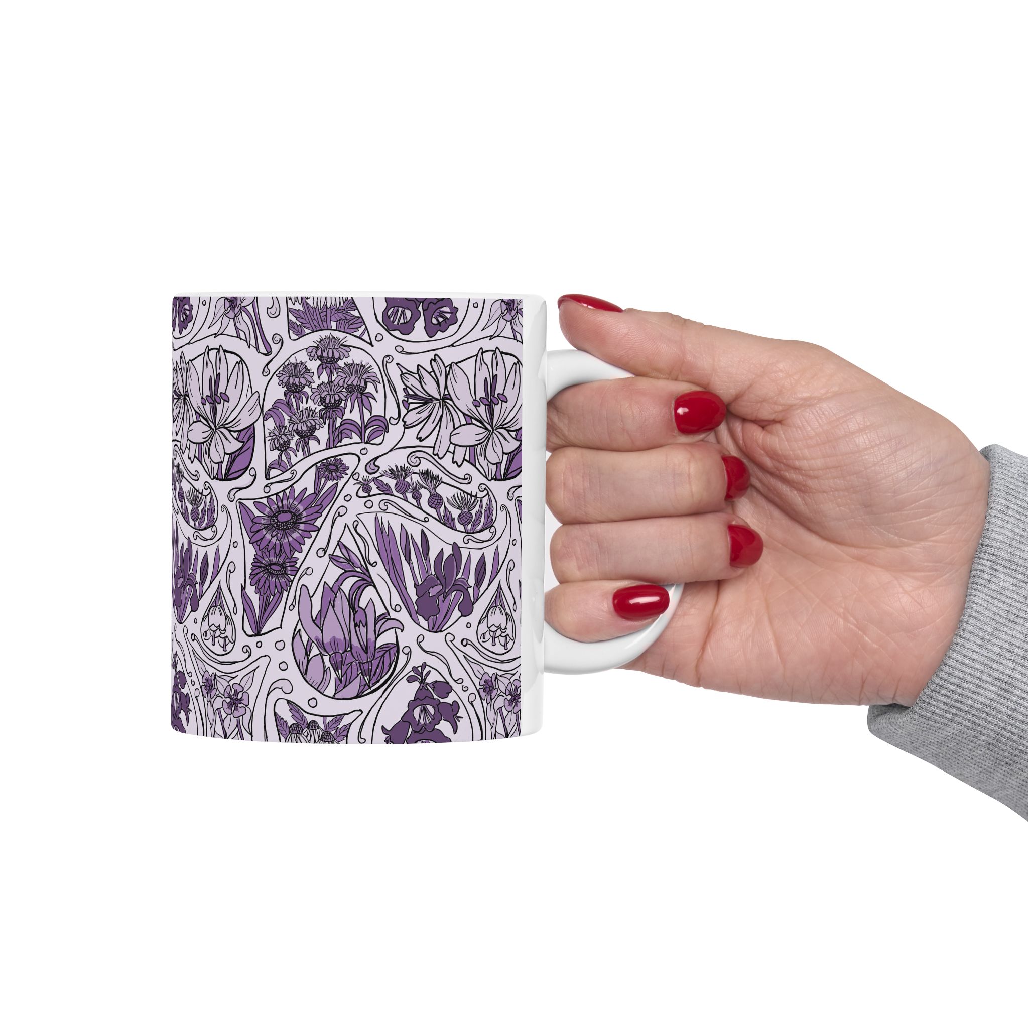 Monochrome Purple Floral Pattern Ceramic Mug — Hand-Drawn Botanical Design (11oz & 15oz) - Image 3