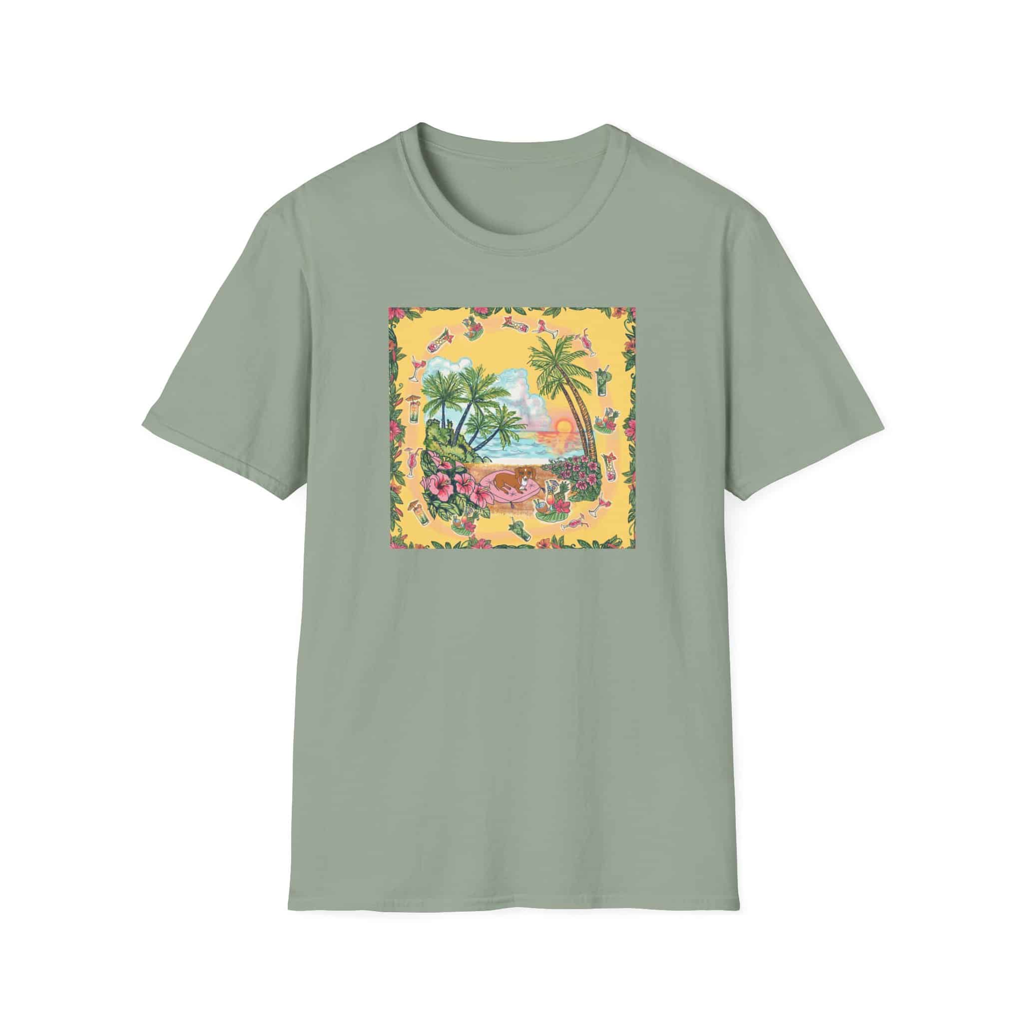 Girl Dachshund on a Tropical Sunset Beach T-Shirt — Vintage Beach Floral Graphic - Image 15