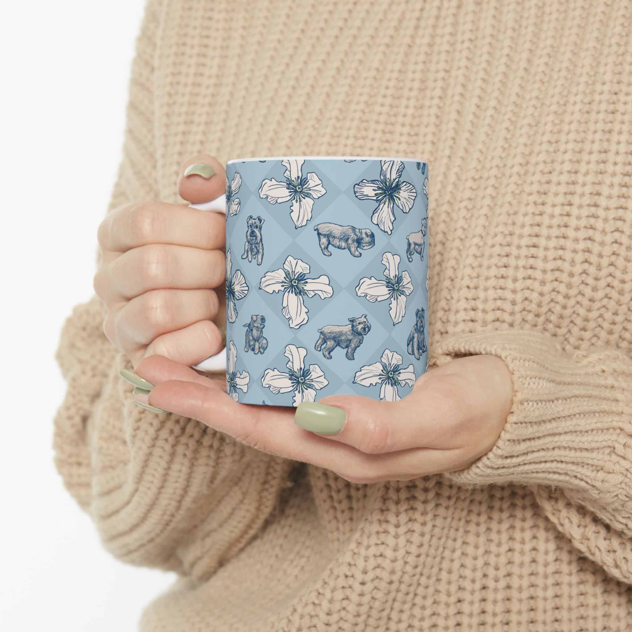 Blue Floral Pug Ceramic Mug — Cute Schnauzer Dog Pattern Coffee Cup (11oz, 15oz) - Image 5