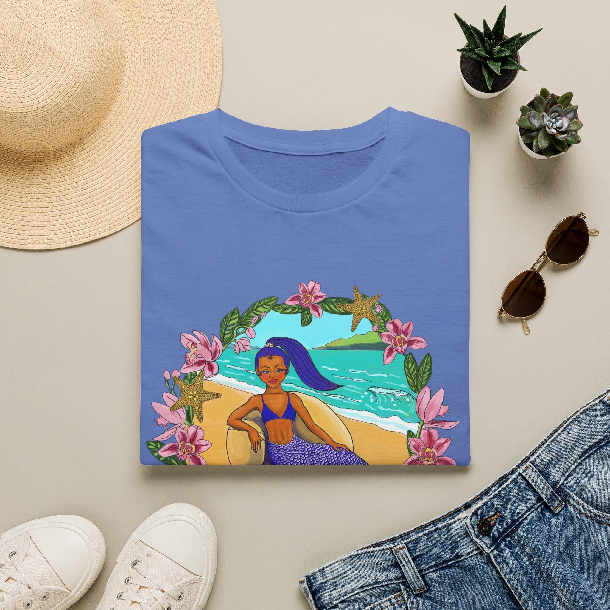 Blue-Haired Mermaid2 Beach Vibes T-Shirt — Tropical Floral Ocean Graphic - Image 31