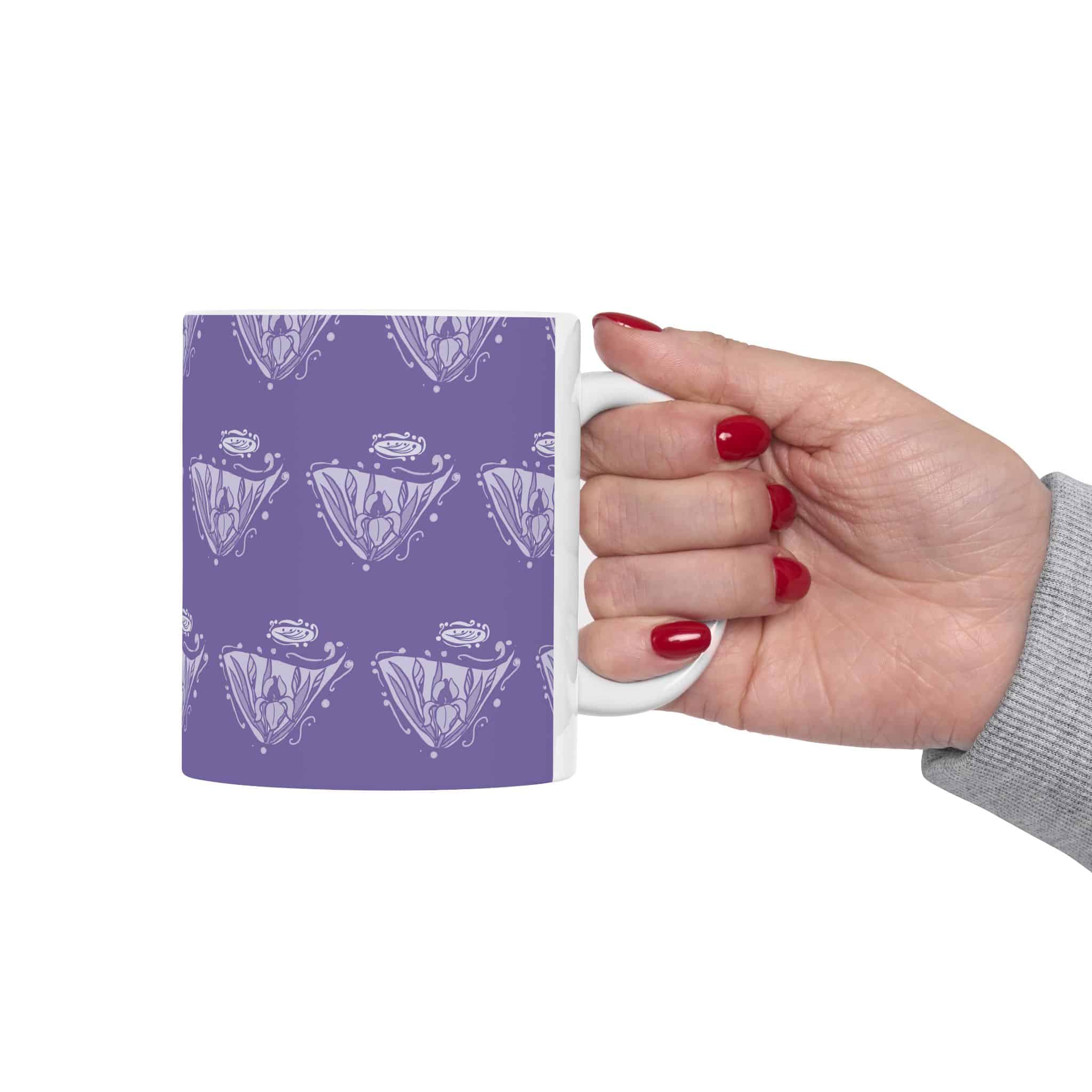 Purple Iris Pattern Ceramic Mug –Art Nouveau Design (11oz, 15oz) - Image 3