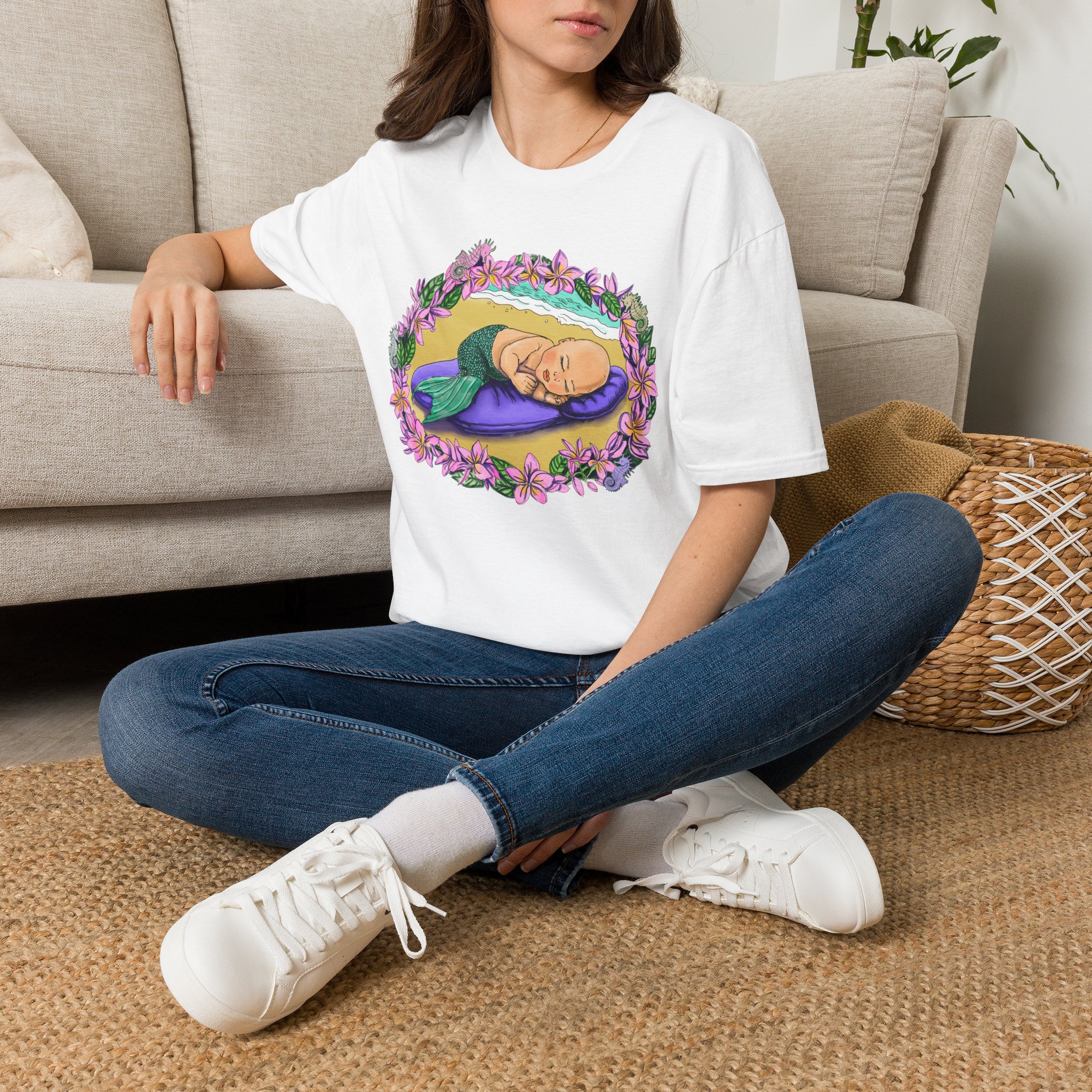 Mer-Toddler Napping on the Beach T-Shirt — Tropical Floral Ocean Graphic - Image 11