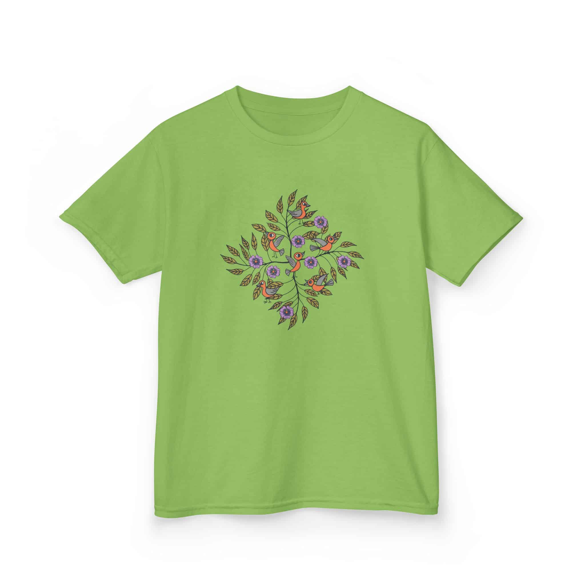 Kids Tee — Colorful Leaf Bird and Floral Mosaic Graphic Kids T-Shirt | Nature-Inspired Autumn Shirt for Boys & Girls