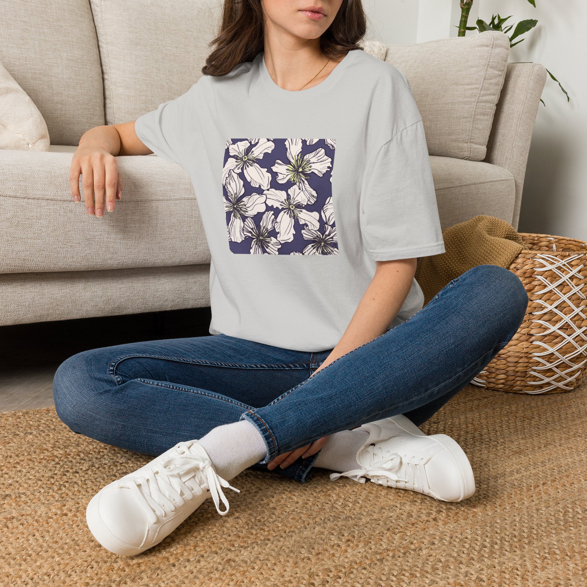Floral Square Tee — White Clematis Print T-Shirt - Image 23