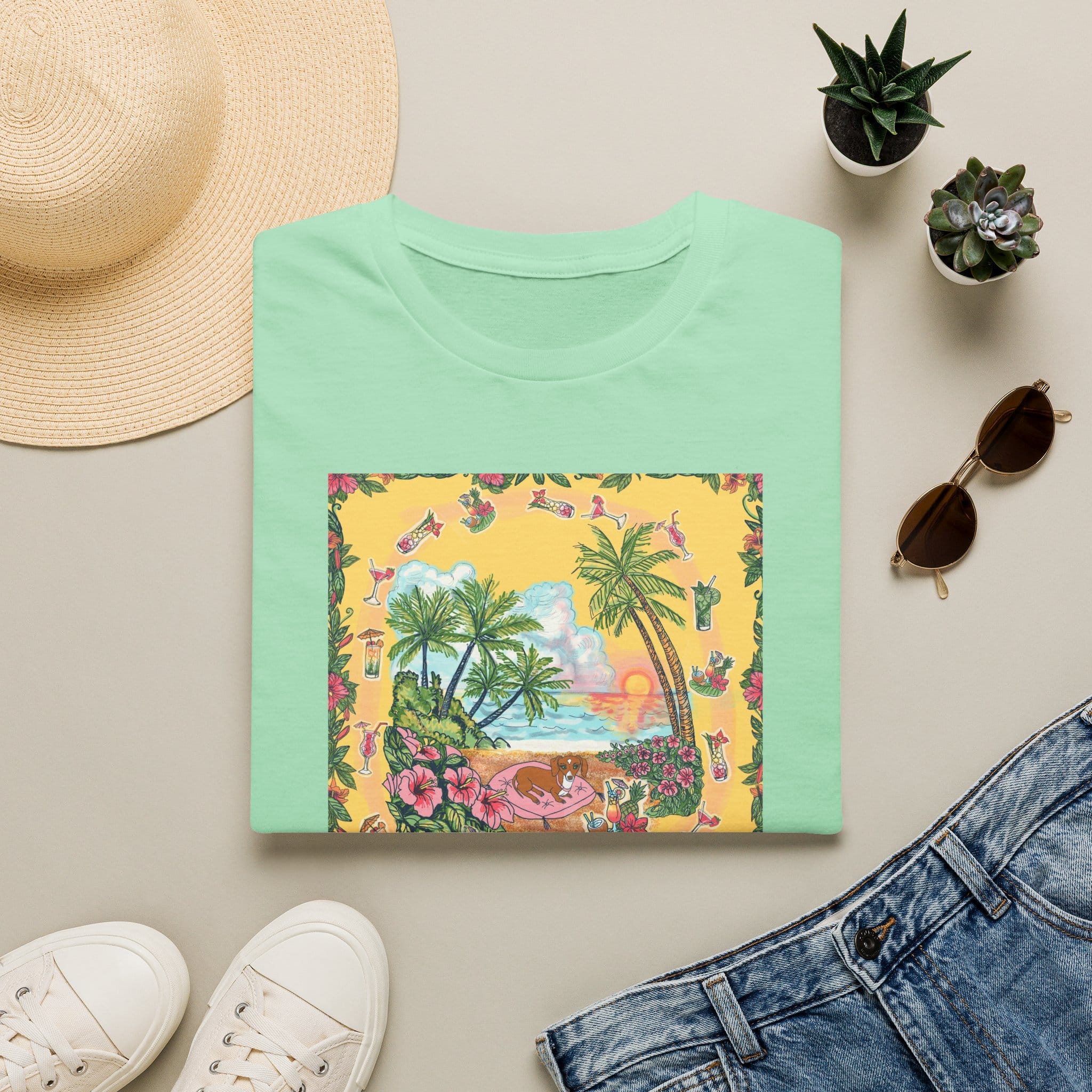 Girl Dachshund on a Tropical Sunset Beach T-Shirt — Vintage Beach Floral Graphic - Image 21