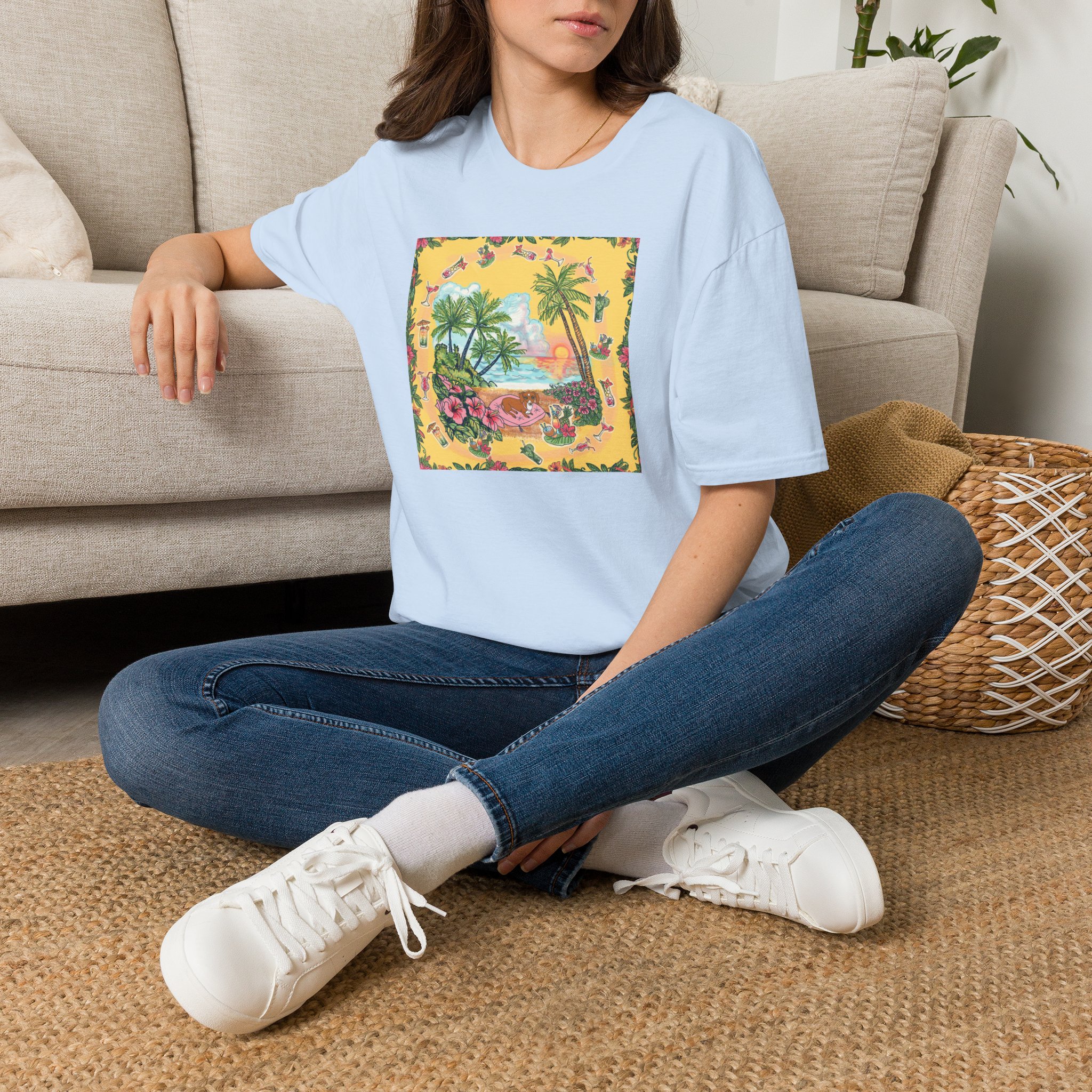 Girl Dachshund on a Tropical Sunset Beach T-Shirt — Vintage Beach Floral Graphic - Image 6